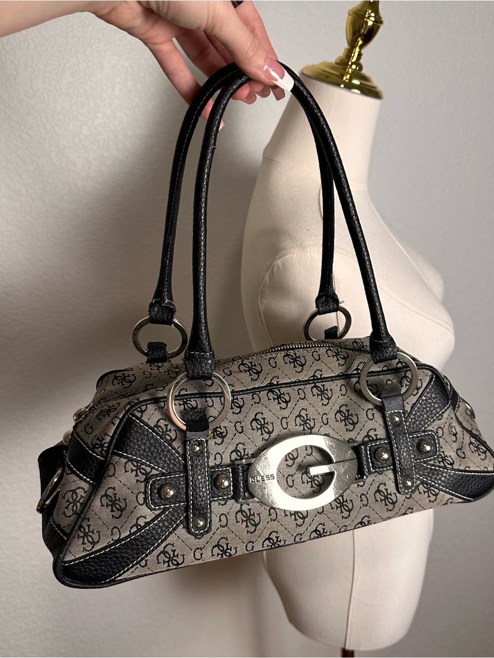 GUESS Black and Beige Logo Shoulder Satchel